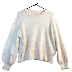 LC Lauren Conrad Womens Sweater White Pink Stripe Super Soft Puff Sleeve Large